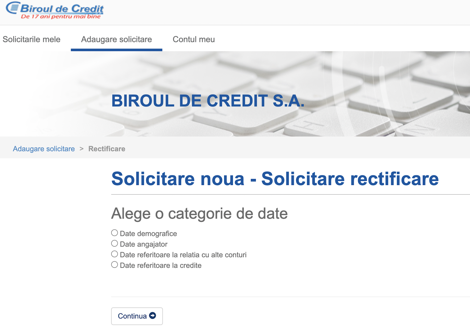 Biroul de Credit - Solicitare noua